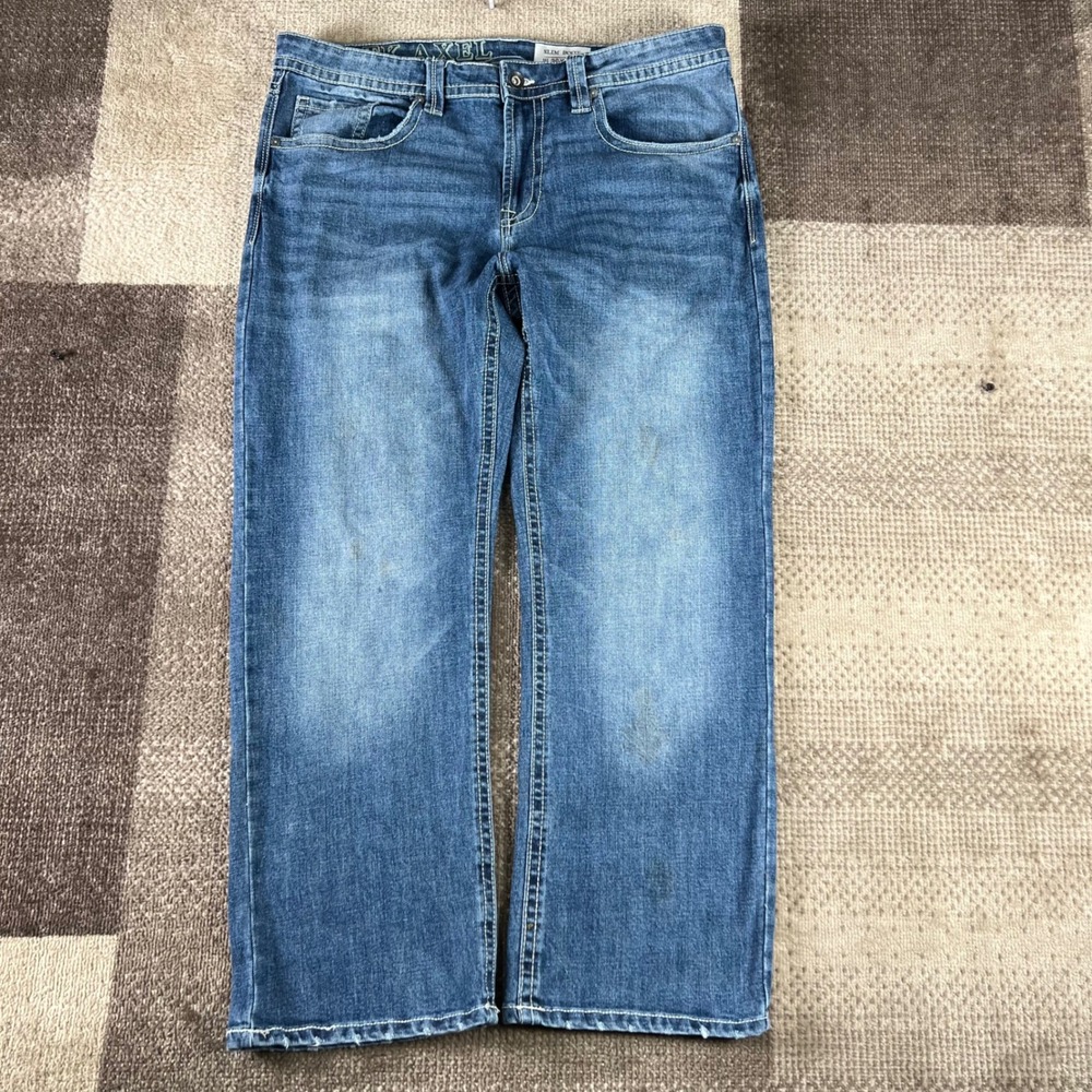 TK Axel Mens Slim Boot Jeans Blue Wash 36X30 Denim Pants Boho Western Whiskering